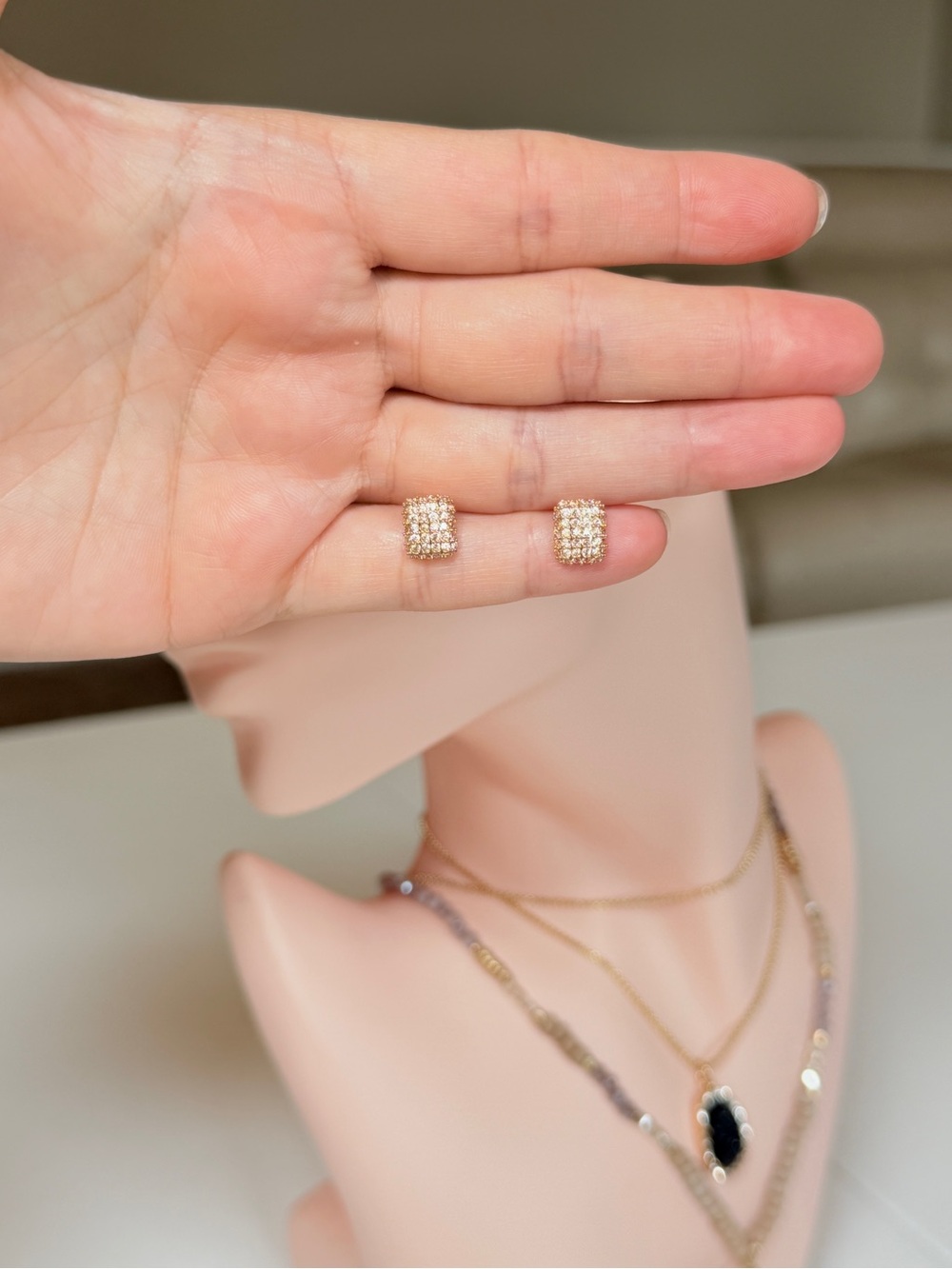 Gold Pave Square Stud Earrings - Picture 10 of 11